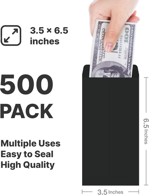 Money Envelopes 500 Pack, Cash Envelopes with Gummed Seal, Small Parts Envelopes (Black, 3.5 x 6.5 Inches)