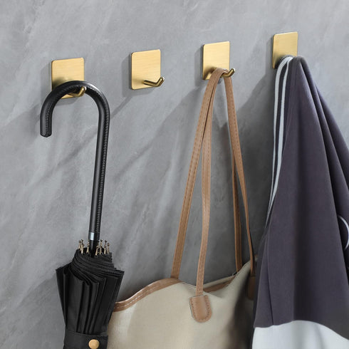 YIGII Gold Adhesive Towel Hooks, Heavy Duty Self Adhesive Hooks 4-Packs for Hanging Robes, Clothes, Kitchen Wall