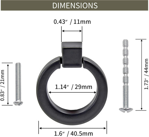 6Pcs Round Single Hole Cabinet Ring Pull Handles - Matte Black Knobs for Drawer, Dresser, Cupboard, Wardrobe