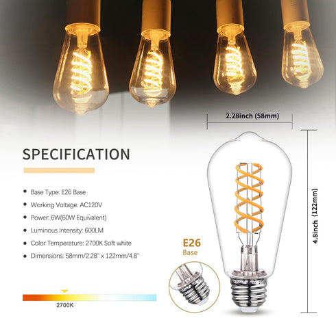 12 PCS Dimmable Vintage LED Edison Bulbs, 6W Equivalent 60 Watt, Warm White 2700K, Antique Flexible Spiral LED Filament Light Bulb, ST58 (ST19), 600 Lumens, E26 Base, Clear Plastic by Austin Coast