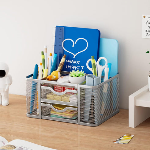 Marbrasse Mesh Desk Organizer, Pen Organizer with 2 Drawers, Multi-Functional Pencil Holder for Office Art Supplies
