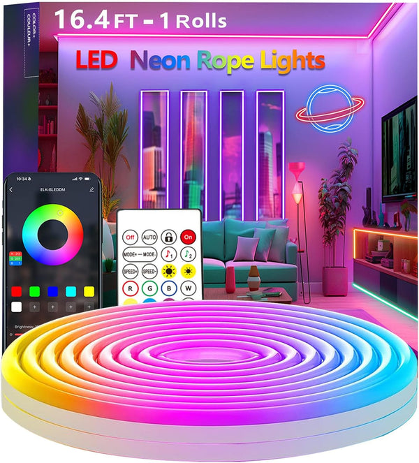 Bvokon 16.4FT Neon Rope Lights,Flexible Led Rope Light Control with App/Remote,Multiple Modes,Music Sync,IP65