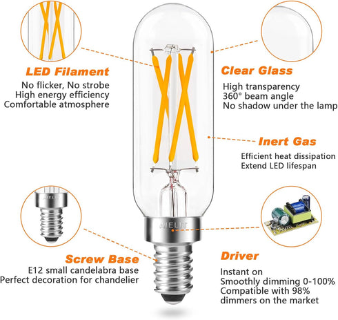 T8 Bulbs (Dimmable), E12 Bulb, 4W, 40 Bulb 400 2700K (4 Pack) Vintage Light LED Small Chandelier Base, Watt Candelabra