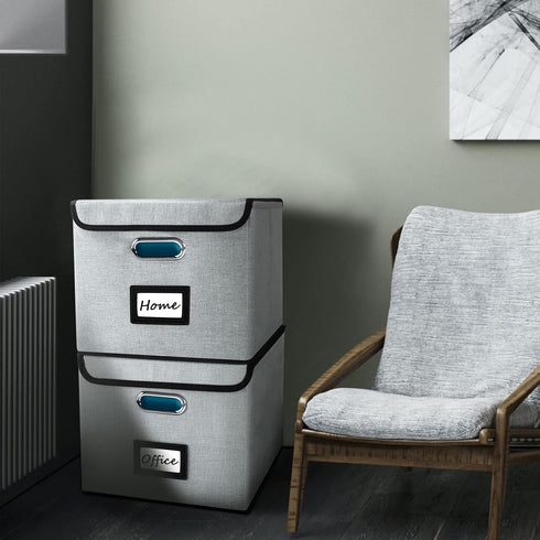 Huolewa Upgraded Collapsible File Storage Organizer Boxes with Lids, Portable Large Linen Filing Storage Boxes (Grey) -