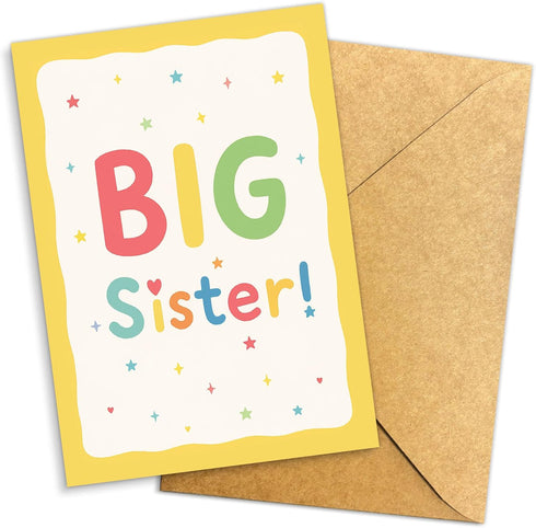 Big Sister Greeting Card, Cute Rainbow Lettering with Stars & Hearts, New