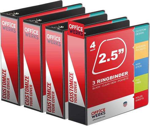 Performore 3 Ring Binder, Professional Angle D 2.5 Inch, Presentation Folder with Pockets, Black Binder, 4 Pack