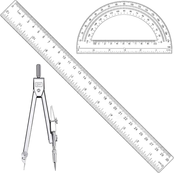 CNTVO 3 Pcs Plastic 12 Inch Ruler, Clear Protractor and Compasses Set for