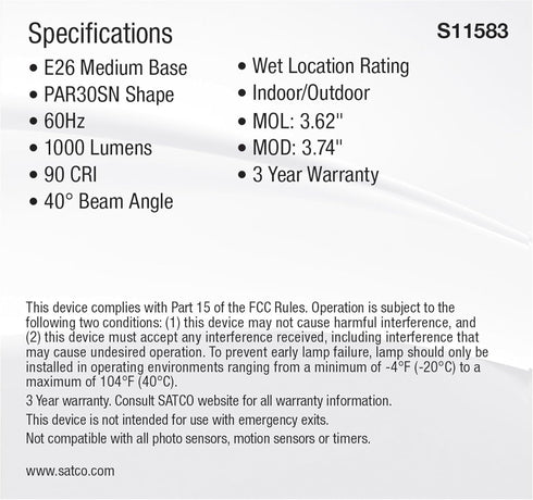 Satco S11583; 11 PAR30SN 120 40 11PAR30SN/LED/5CCT/FL/120V Commercial (2 Bulbs) Watt LED; Medium Base; Silver Finish;