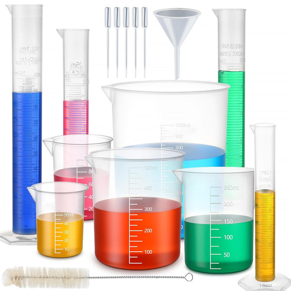 Tellegloww 16 Pack Graduated Cylinder Plastic Beaker, Includes 4 Pcs Graduated Cylinder, 5