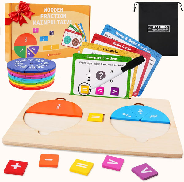 PINKPEACH Wooden Fraction Tiles & Circles Set, Math Manipulatives for Kids, Montessori