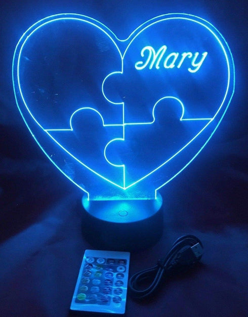 16 Puzzle Piece Autism Heart Night Light Up Lamp LED Stand Engraved Table Lamp Custom Engraved Room Decor Featuring
