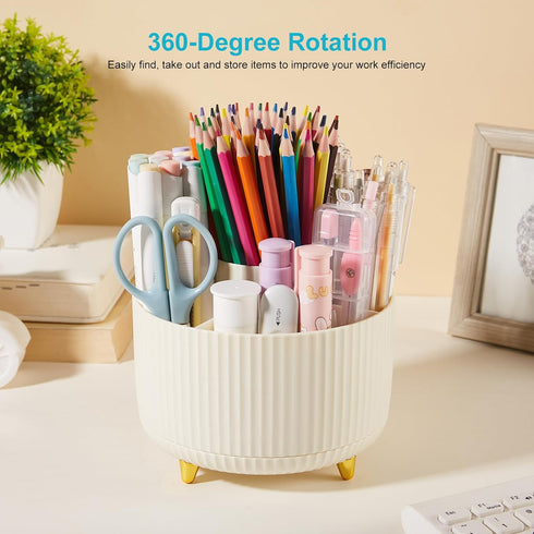 Desk Pencil Pen Holder, 5 Slots 360 Degree Rotating Organizer for Stationery Supplies (Cream Yellow)