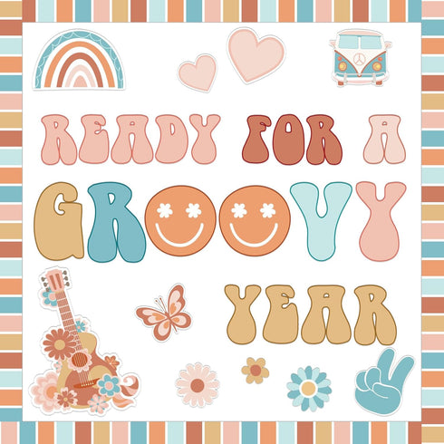 ZOiiWA Groovy Retro Bulletin Board Decoration Set Boho Hippie Classroom Kit with School Bus and Guitar Cutouts