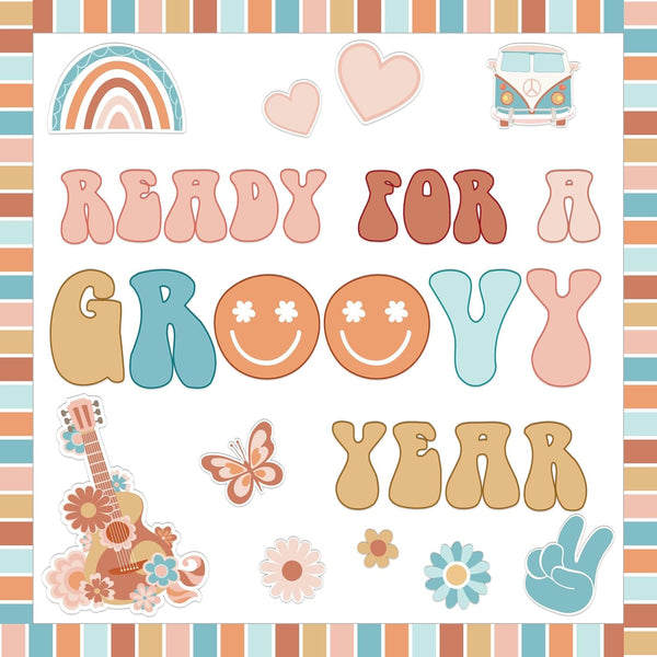 ZOiiWA Groovy Retro Bulletin Board Decoration Set Boho Hippie Classroom Kit with School Bus and Guitar Cutouts
