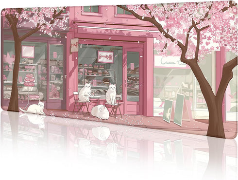 LIMKRIAN Cat Mouse Pad Large Desk Mat, Pink Cherry Blossom Computer Mousepad with