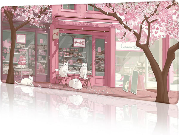LIMKRIAN Cat Mouse Pad Large Desk Mat, Pink Cherry Blossom Computer Mousepad with
