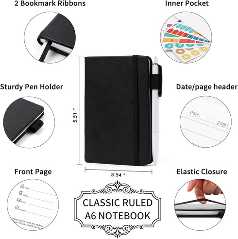feela 15 Pack Pocket Small Notebooks, Mini Cute Notepads with 15 Black Pens, 3.5”x 5.5”, A6, Black