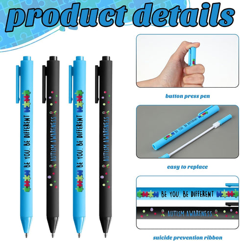 Jetec 100 Pcs Autism Awareness Pens Bulk, Inspirational Retractable Ballpoint Pens for Mental Health Classroom Office