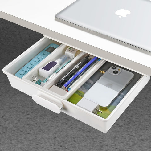 Under Desk Drawer - Self-Adhesive Storage Organizer for Office Home Stationery (Large-White)
