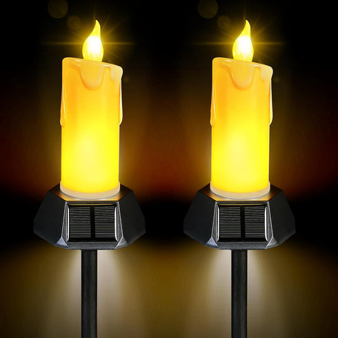 Solar Powered LED Flameless Candles Lights, 600MA Battery for Outdoor Birthday Wedding Party Decor, 2 PCS