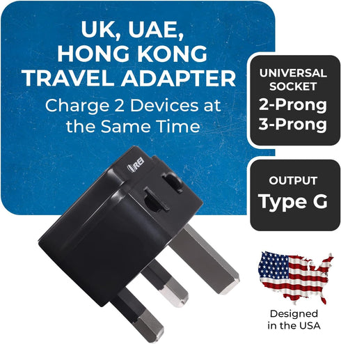 OREI USA to UK Travel Plug Adapter - Type G Travel Adapter Compatible with UK, UAE, Hong Kong, Dubai - 2 in 1 UK Plug Adapter - CE Certified, RoHS Compliant - 2 Pack - Black Color