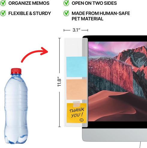 Monitor Memo Board 2Pcs - Flexible Clear PET Computer Screen Sticky Note Holder - Side Panel Message Organizer - Versatile Office Desk Accessories - Cool Home Office Supplies - 3.1" x 11.8" by meccaline