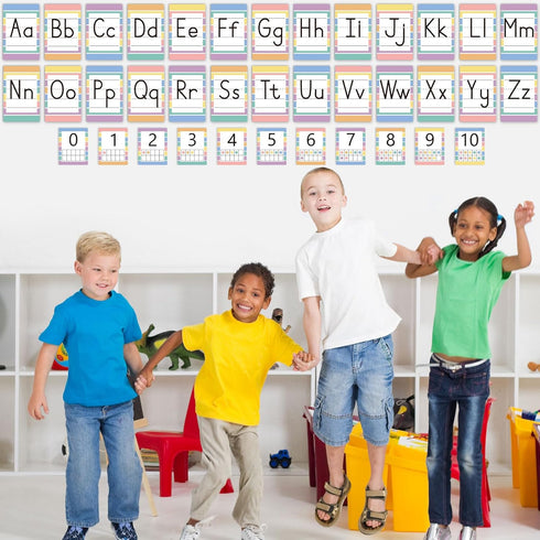 Qyeahkj 37 PCS Pastel Colors Stripes Classroom Alphabet Number Educational Poster Cards for Teacher School Home Wall