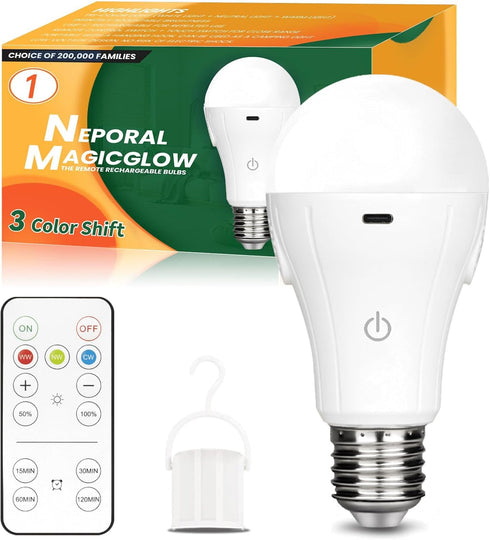 Neporal MagicGlow Rechargeable Light Bulbs with Remote, 3 Colors Shift + Dimmable, A19, 1 Pack