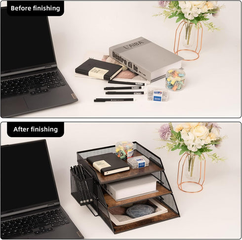 Vintage Wood & Metal Letter Tray - Stackable Desk Organizers for File, Magazines, Mail, with Pen Holder (3 Layer)