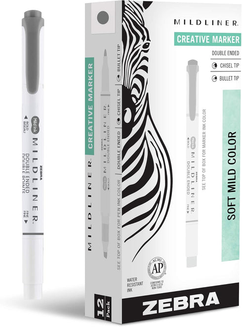 Zebra Pen Mildliner Double-Ended Highlighter Marker Set, Broad and Fine Point Tips, No Bleed Dark Gray Ink