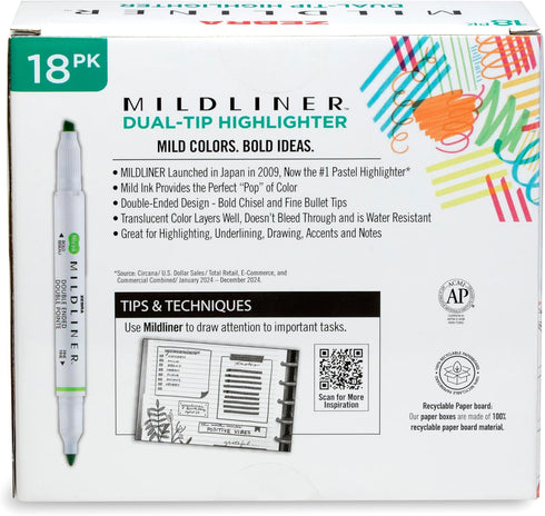 Set, 18 Pack 18 Zebra Pen Mildliner Double-Ended Highlighter Broad and Fine Point Tips, Ideal for Bible Highlighting