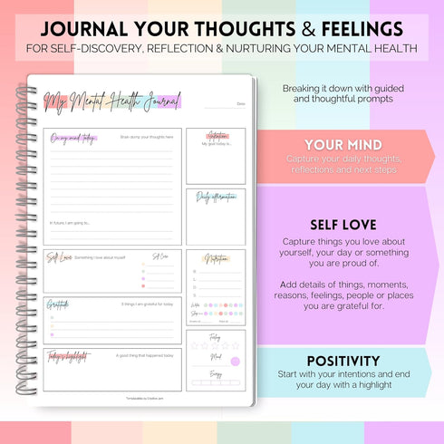 A5) Mental Health Journal Planner | Daily Gratitude, Self Care, Intentions, Affirmations and Nutrition (Rainbow
