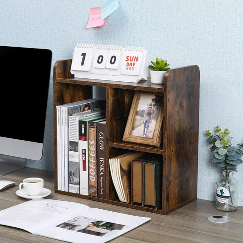 PAG Desktop Shelf Freestanding Wood Small Bookshelf, Desk Supplies Organizer and Storage Display Rack