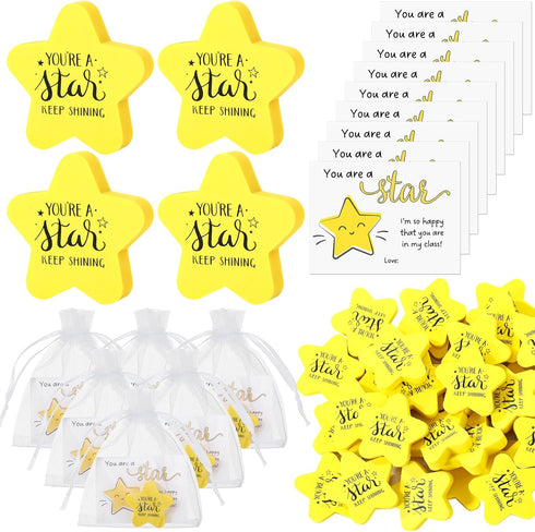 Spakon Christmas Inspirational Gift for Kids, Motivational Star Shaped Erasers and Cards with Organza Bags