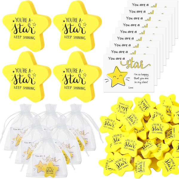Spakon Christmas Inspirational Gift for Kids, Motivational Star Shaped Erasers and Cards with Organza Bags