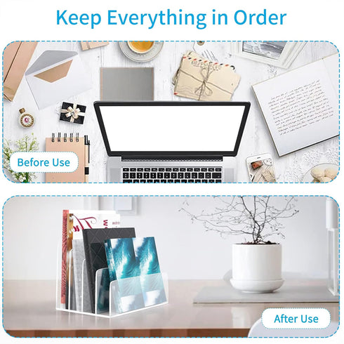 Clear Acrylic File Organizer, 4 Sections File Holder Sorter for Office Desk, Mail Letter Book Electronics Makeup