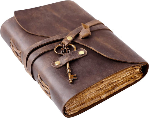 Vintage Leather Journal - Antique Handmade Deckle Edge Leather Bound Sketchbook, 9"x6"