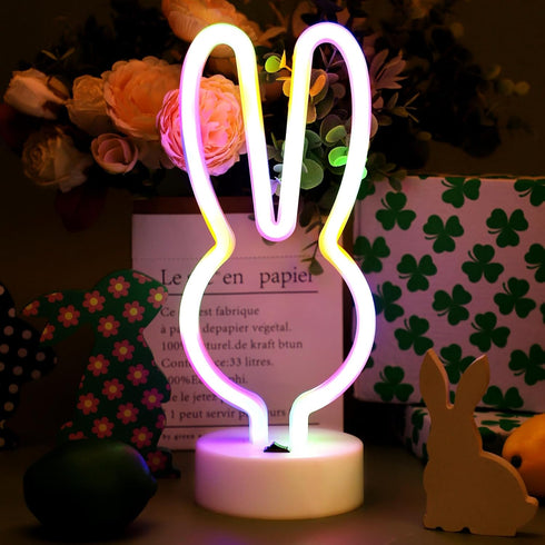 Welpurch Bunny Shape LED Neon Signs, Colorful Rainbow Rabbit Neon Lights USB/Battery Powered Night Lights with Base