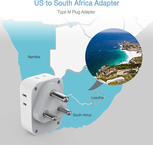 TESSAN South Africa Power Adapter, Type M Travel Plug with 4 AC Outlets & 3 USB Ports for US to South Africa
