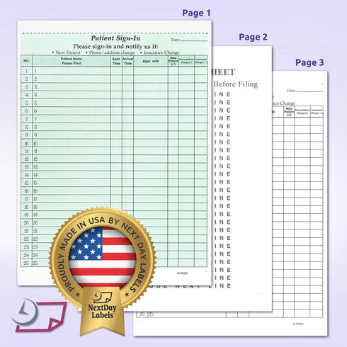 3 NextDayLabels - NCR Carbonless Part Patient Sign in Forms, HIPAA Approved and Compliant for Confidentiality in All