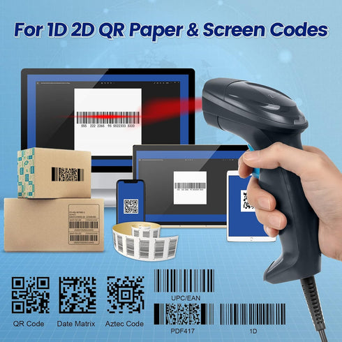 OBZ 1D 2D CMOS Barcode Scanner with Stand, USB Wired Handheld QR Code Scanner Supports Screen Scan, Portable Automatic