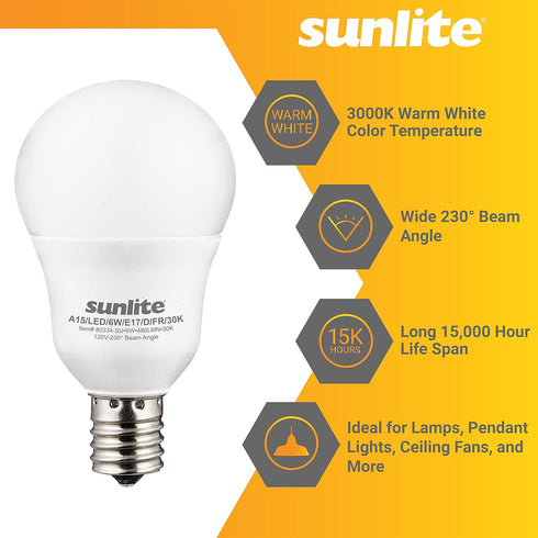 Sunlite 80334-SU LED A15 Light Bulb, 6 Watts (40W Equivalent), E17 Base, 480 Lumens, Dimmable, 3000K Warm White, 1 Count