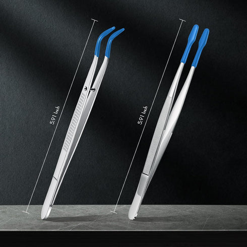 2 Pieces Tweezers with Rubber Tips Set, Bent and Straight Flat Tip for Jewelry and Crafts