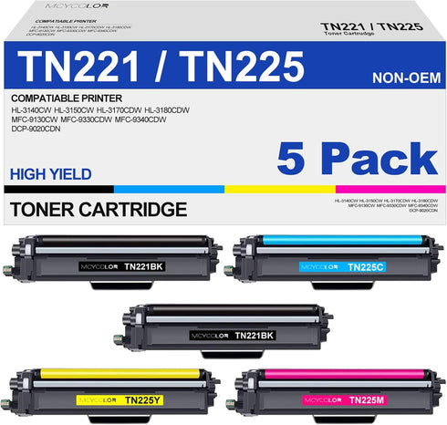 TN221 TN225 High Yield Toner Cartridge for Brother - Compatible with MFC-9130CW HL-3170CDW (2 Black, 1 Cyan, 1 Magenta,
