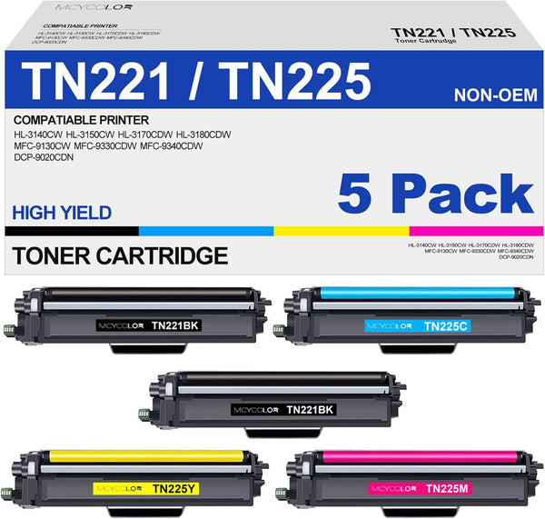 TN221 TN225 High Yield Toner Cartridge for Brother - Compatible with MFC-9130CW HL-3170CDW (2 Black, 1 Cyan, 1 Magenta,