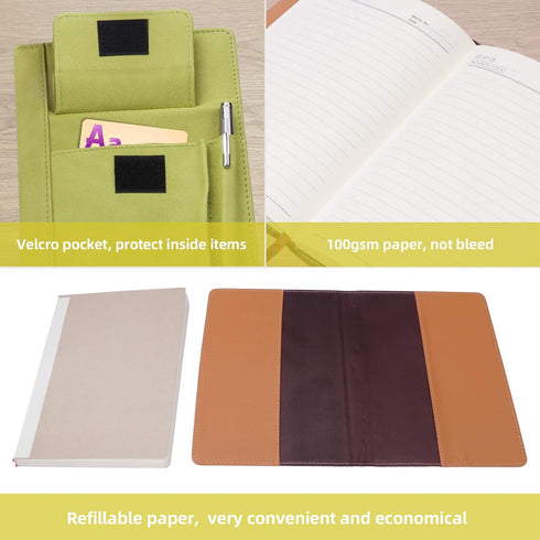 Refillable Lined Leather Journal Notebook, A5 Size for Women Men, 200 Pages Thick Paper Notebooks with Front Pockets