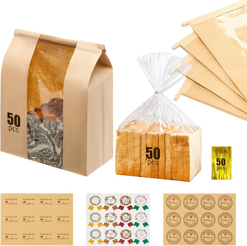 MOPKIUTR 50 Pack14 x 8.3 x 3.5 inch Large Kraft Paper Bread Bags