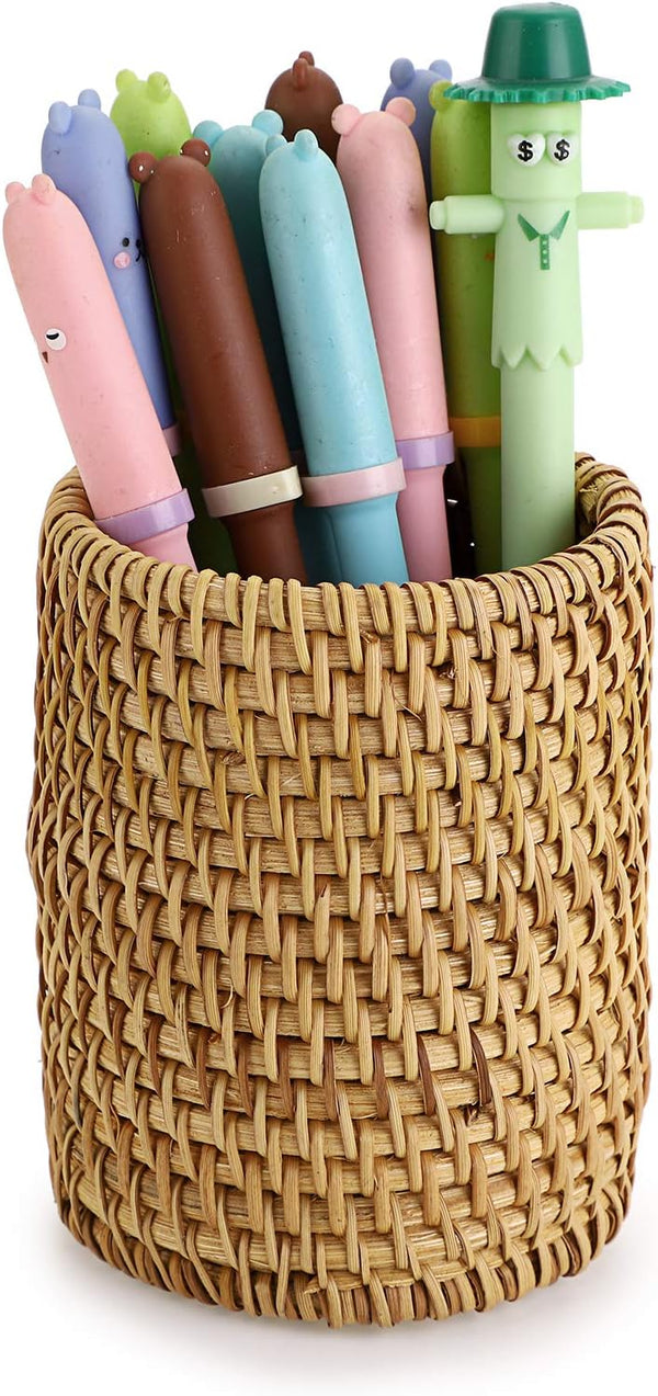 BTSKY Handmade Rattan Pen Cup, Multi-Functional Woven Basket, Desk Pencil Holders, Makeup Brush Holder, Office & Home