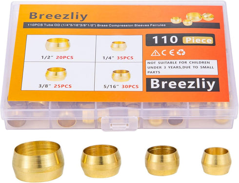 110PCS Brass Compression Fitting Assortment Kit, Tube OD (1/4" 5/16" 3/8" 1/2") Ferrules