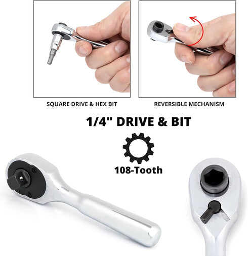 Neiko 03002A Stubby Ratchet, 1/4 Inch Ratchet Wrench and Bit Driver, 108-Tooth Reversible Mini Ratchet Wrench